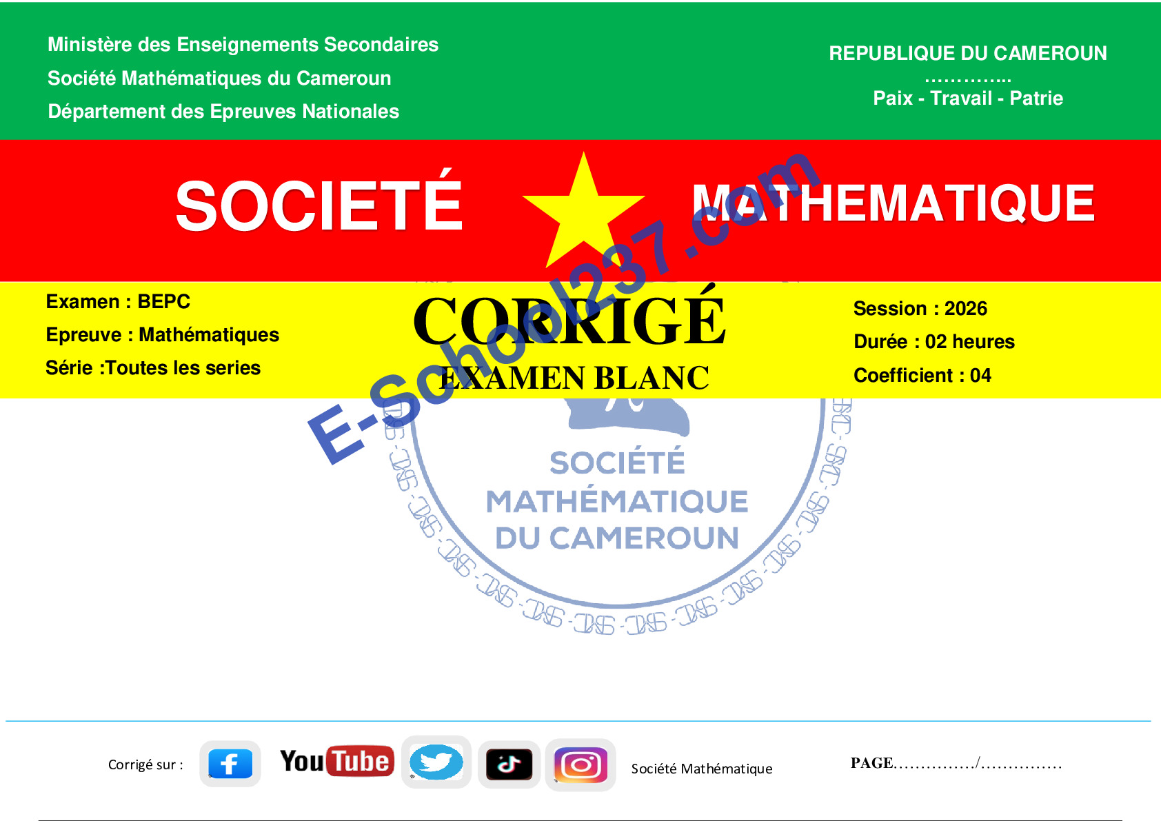 CORRIGE Maths BEPC 2026 STE MATHEMATIQUES DU CAMEROUN